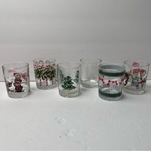 6 Festive Holiday Votive candle Cup Glasses Santa Tree Candy Cane Bell design